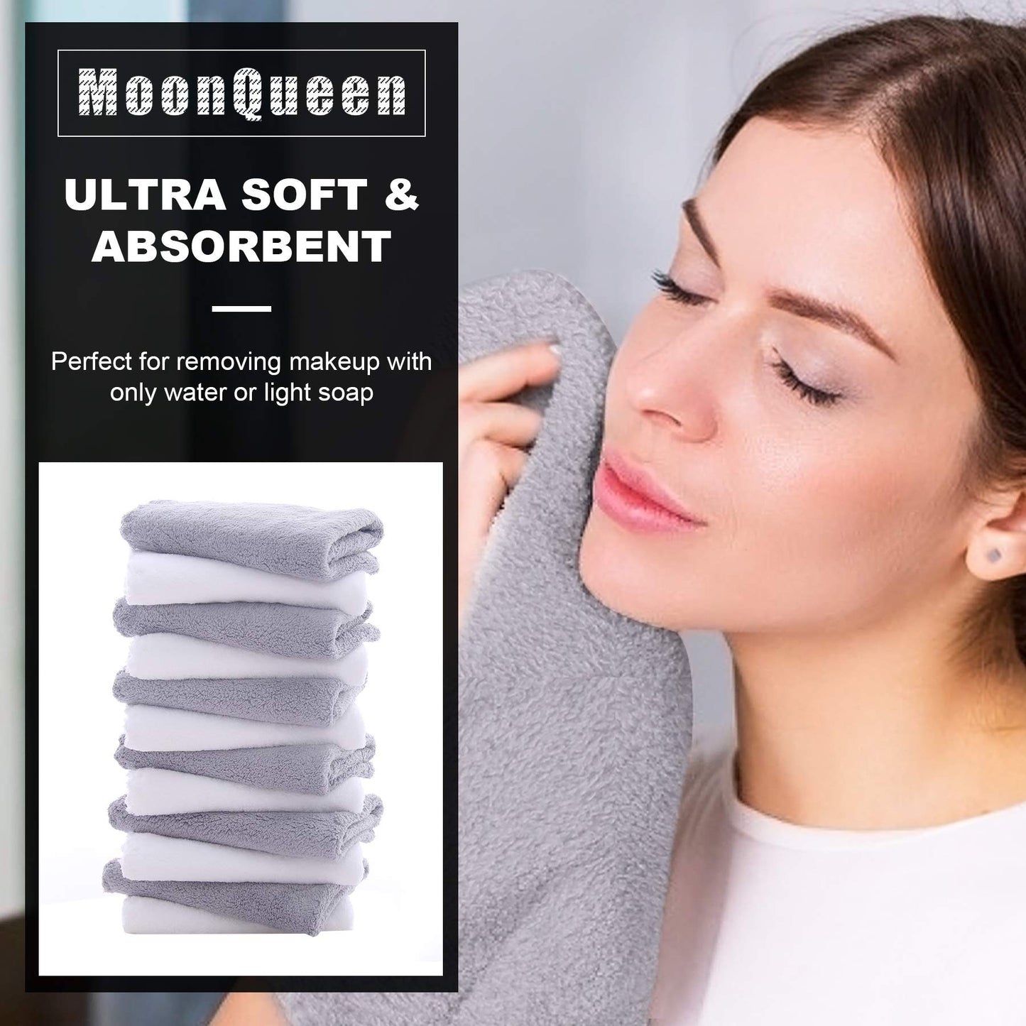 MOONQUEEN Microfiber Facial Cloths Fast Drying Washcloth 12 Pack - Premium Soft Makeup Remover Cloths - Highly Absorbent Beauty and Personal Care MOONQUEEN