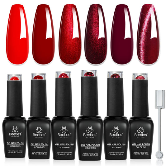 Beetles Red Gel Nail Polish Set - 6 Colors Burgundy Wine Red Shimmer Gel Polish Kit with Magnet, Party Evening Gala Rouge Velvet Sparkle Soak Off UV Beauty and Personal Care beetles Gel Polish Default Title
