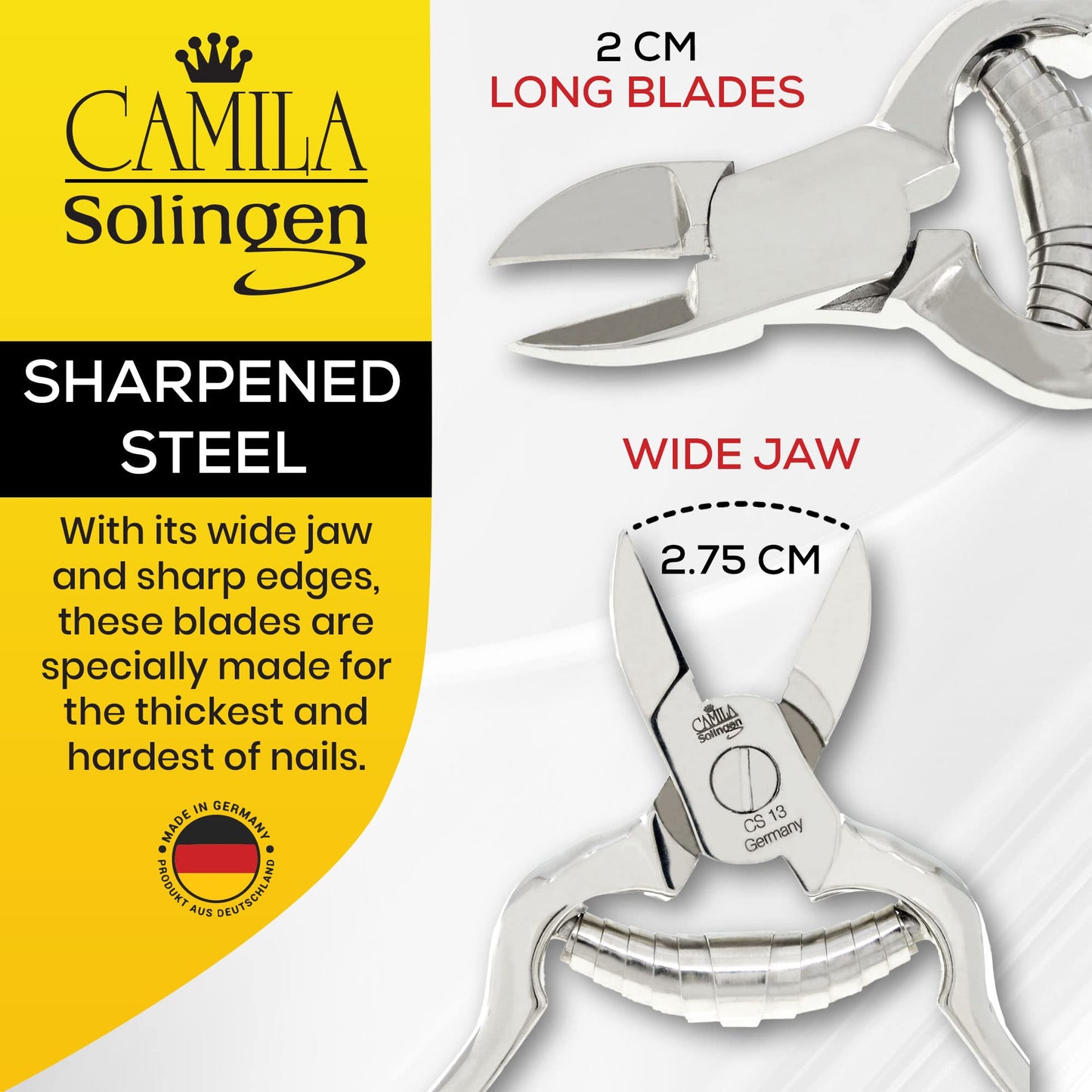 Camila Solingen CS13 Large Heavy Duty Toe Nail Clipper for Thick Toenails, Manicure & Pedicure, Double Barrel Spring. Super Sharp Trimmer Curved