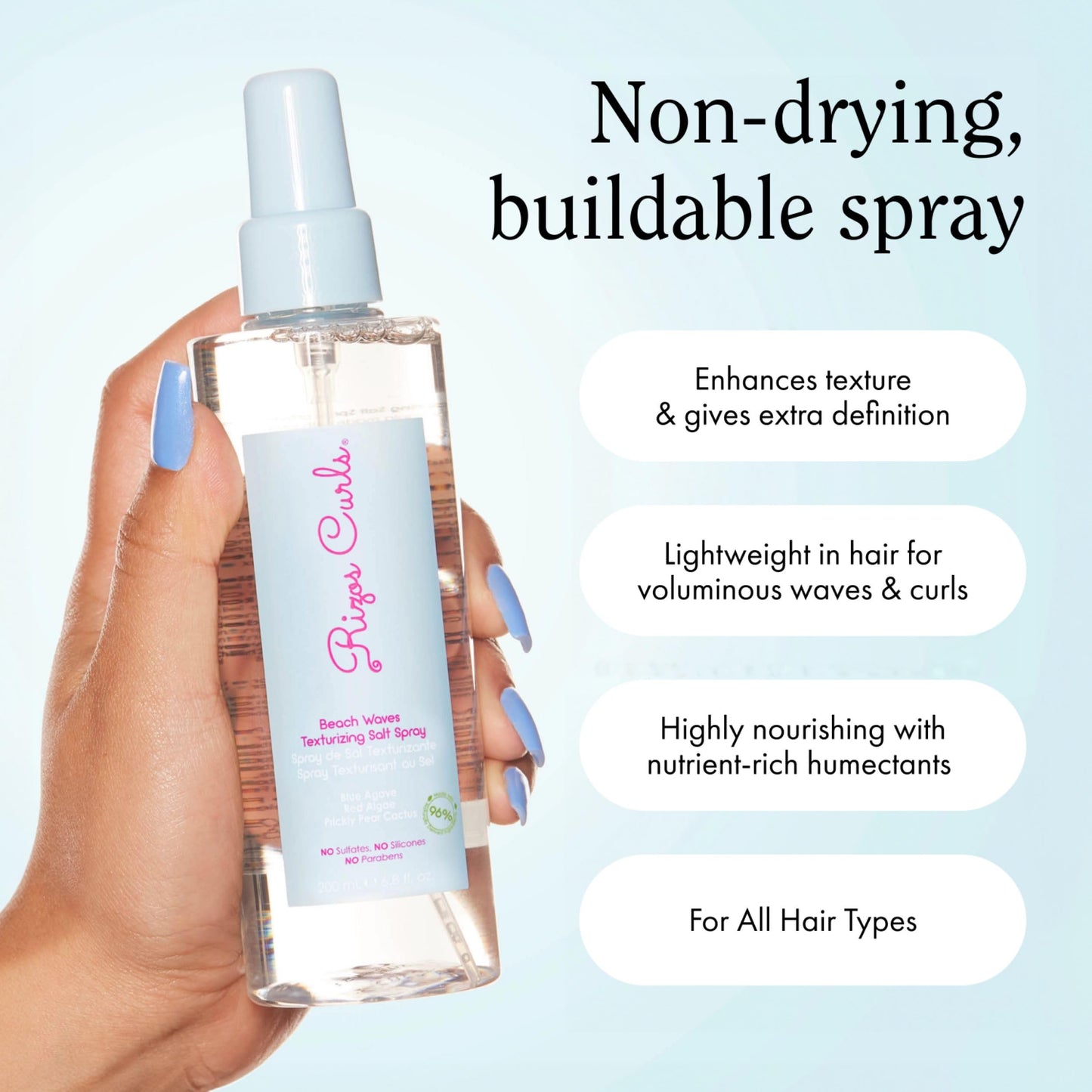 Rizos Curls Beach Waves Texturizing Salt Spray, Enhance Texture & Volume, Nourish and Enhance Definition with Blue Agave Extract, Red Algae & Prickly