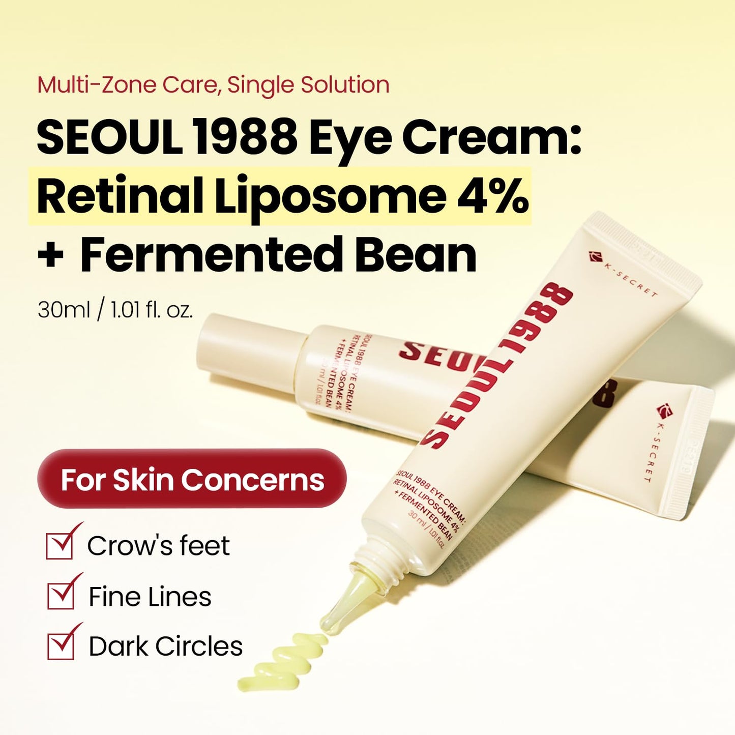 K-SECRET SEOUL 1988 Retinal Eye Cream | Retinal Liposome 4% for Dark Circles & Crow's Feet Care | Niacinamide, Bakuchiol, and Fermented Bean | Korean Beauty and Personal Care K-SECRET