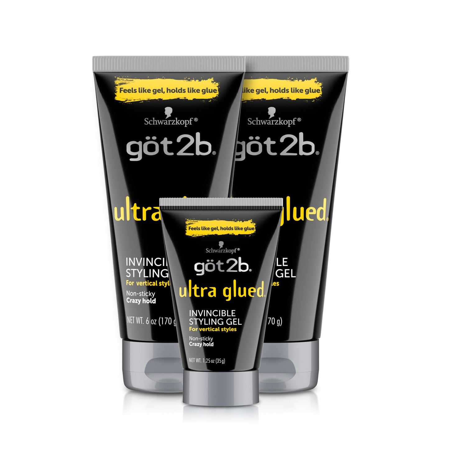 got2b Ultra Glued Invincible Styling Gel Set, 6 Fl Oz (2-Tube) + 1.25 Fl Oz Travel Size, Hair Gel for Men and Women with Extra Strong Hold