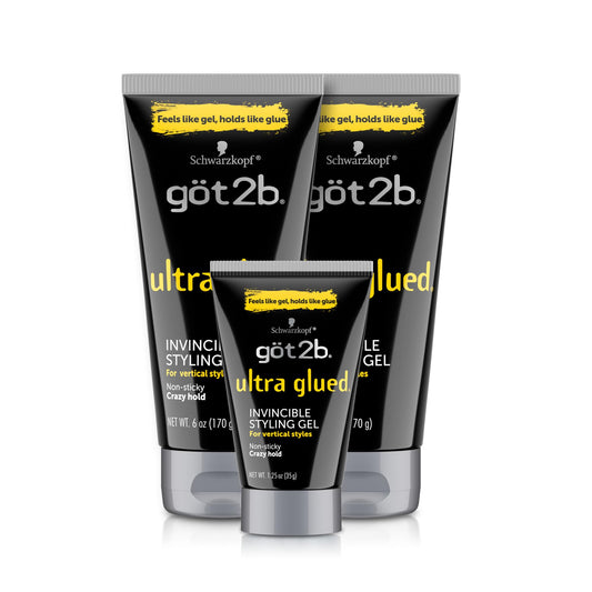 got2b Ultra Glued Invincible Styling Gel Set, 6 Fl Oz (2-Tube) + 1.25 Fl Oz Travel Size, Hair Gel for Men and Women with Extra Strong Hold