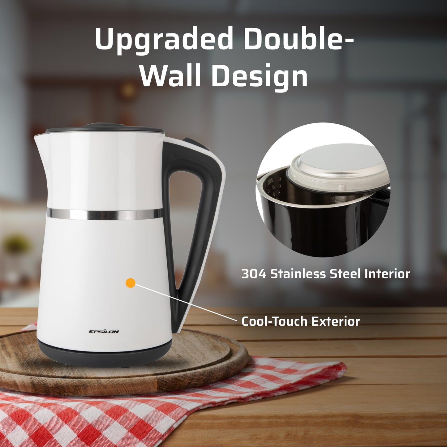 Epsilon Double Wall Electric Kettle 1100W - 1.7L Hot Water Tea Kettle & Hot Water Boiler with Auto Shut-Off, Boil Dry Protection, BPA-Free Stainless…