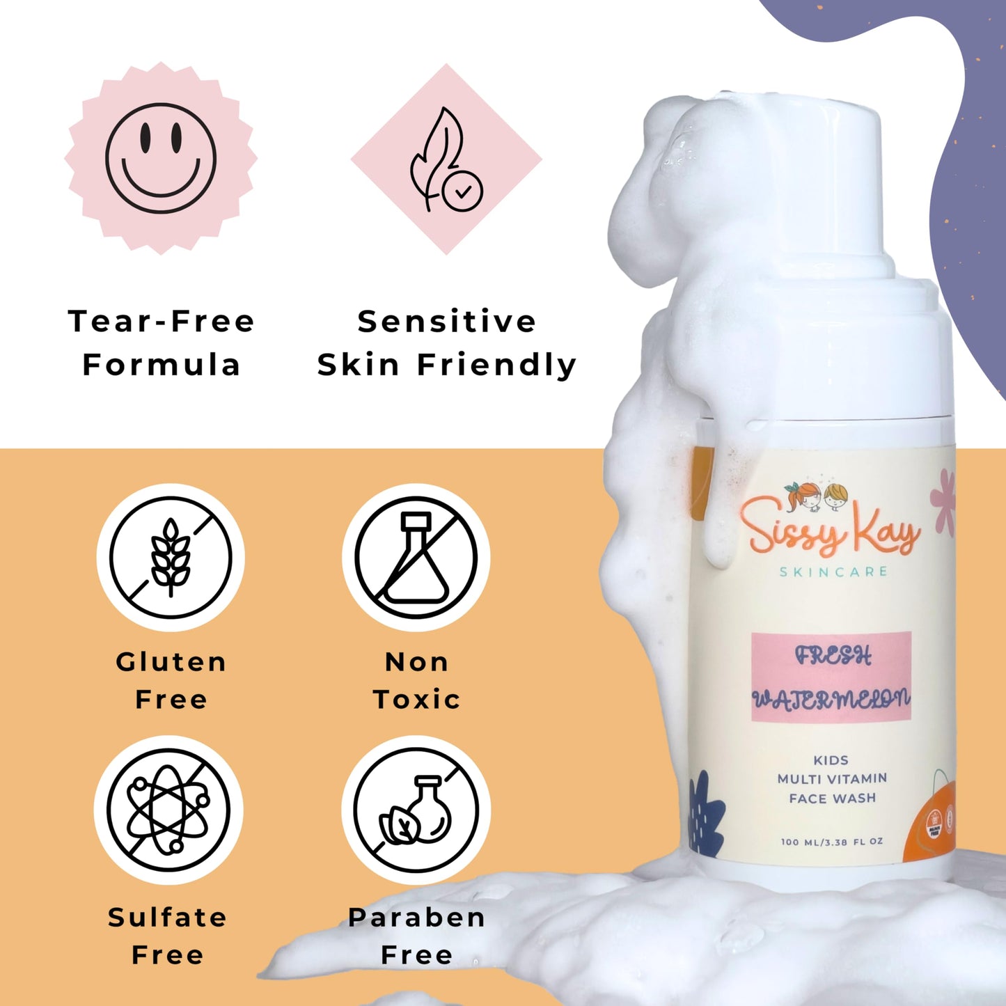 Sissy Kay Kids Face Wash - Foaming Face Wash For Kids - Gentle Skin Care - Natural Face Cleanser With Vitamin C & Vitamin E - For Girls and Boys
