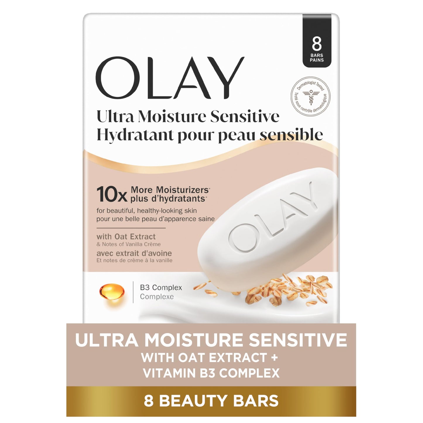 Olay Beauty Bar for Sensitive Skin, Ultra Moisture, 10x More Moisturizers, Nourishing Conditioners, Gentle on Skin, Vitamin B3 Complex, Oat Extract