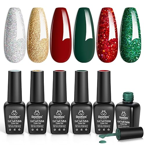 Beetles Valentines Gel Nail Polish, Red Sparkle Green Glitter Gold Silver Winter Gel Polish Dark Red Gel Polish Kits Soak Off Nail Lamp Uv LED Cured