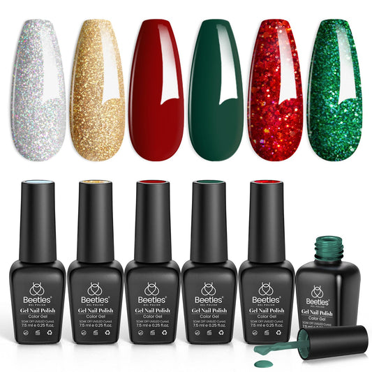 Beetles Valentines Gel Nail Polish, Red Sparkle Green Glitter Gold Silver Winter Gel Polish Dark Red Gel Polish Kits Soak Off Nail Lamp Uv LED Cured
