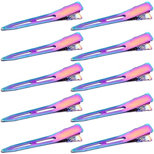 OIIKI 10 Pack 2.2 Inches Rainbow Single Prong Curl Clips, Metal Alligator Hair Clips without Teeth, Rainbow Section Hairpin Hair Accessories for Women