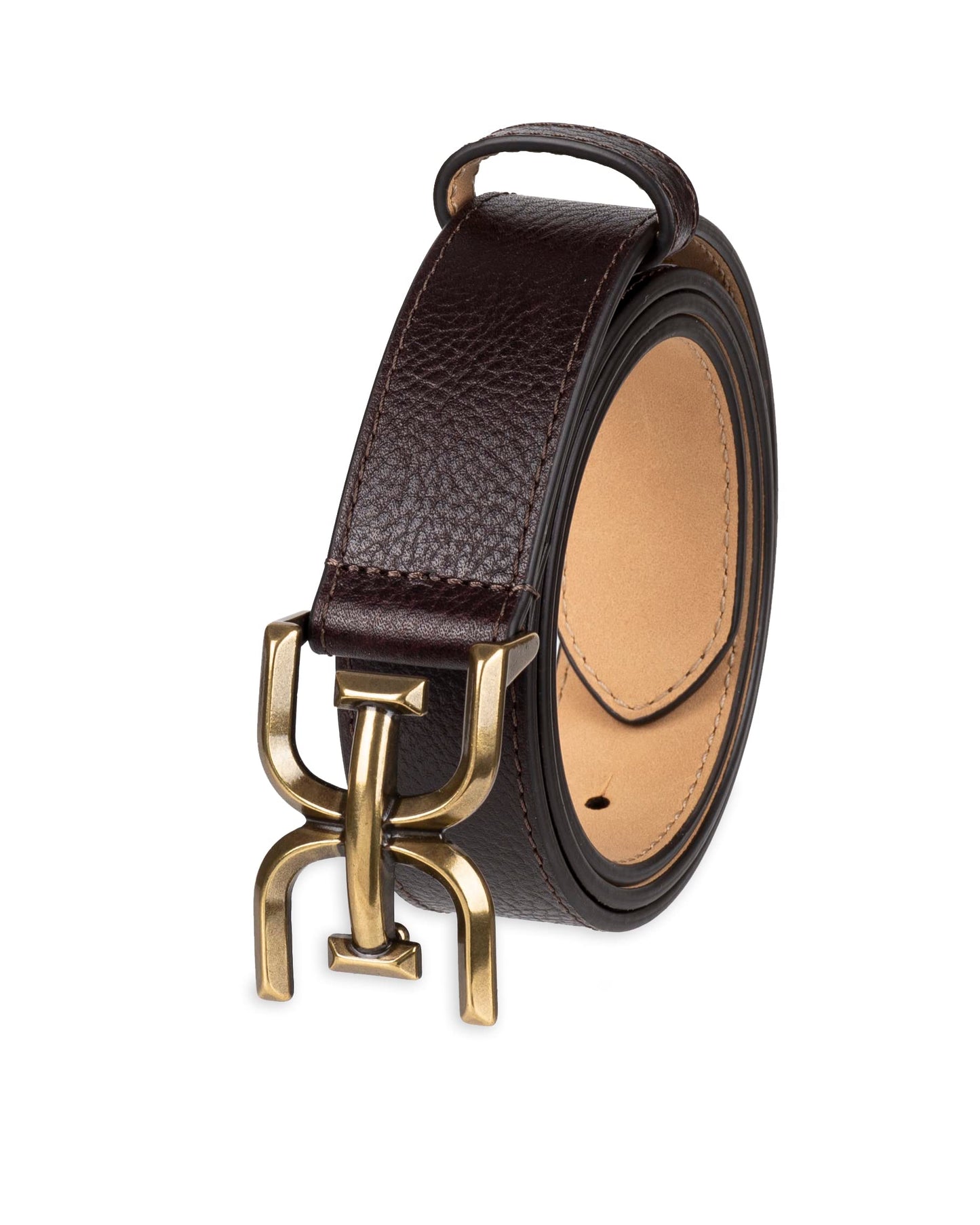 Sam Edelman Women's Slim Stitched Edge Double-E Plaque Buckle Belt, Brown, Large