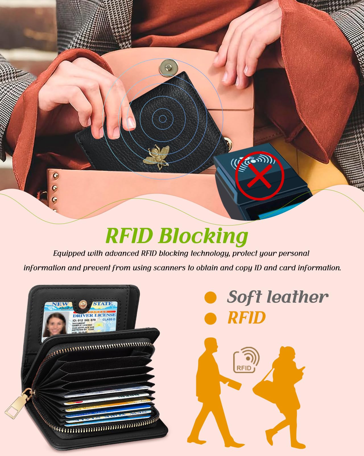 bistup credit card holder wallet for women cute leather ladies teen girls female cardholder wallets accordion purse small medium aesthetic print bee…
