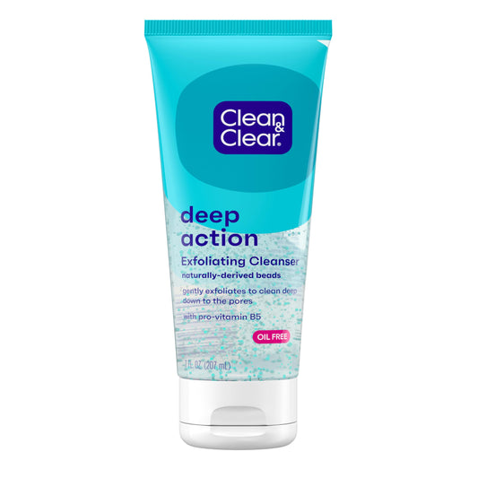 Clean & Clear Deep Action Exfoliating Facial Cleanser, Scrub & Face Wash, Pro-Vitamin B5, Lactic & Glycolic Acids, Oil-Free Gentle Daily Exfoliator