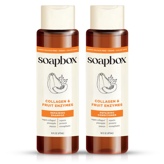 Soapbox Collagen & Fruit Enzymes Shampoo & Conditioner Set, Protects, Repairs & Strengthens Hair - Clean Ingredients Free of Harsh Chemicals