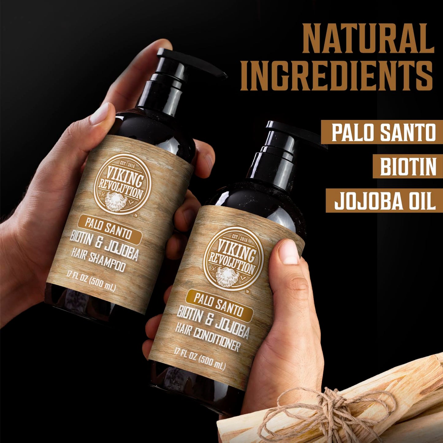 Viking Revolution Palo Santo Mens Shampoo and Conditioner Set with Biotin and Jojoba Oil - Natural Hair Shampoo and Hair Conditioner for Men
