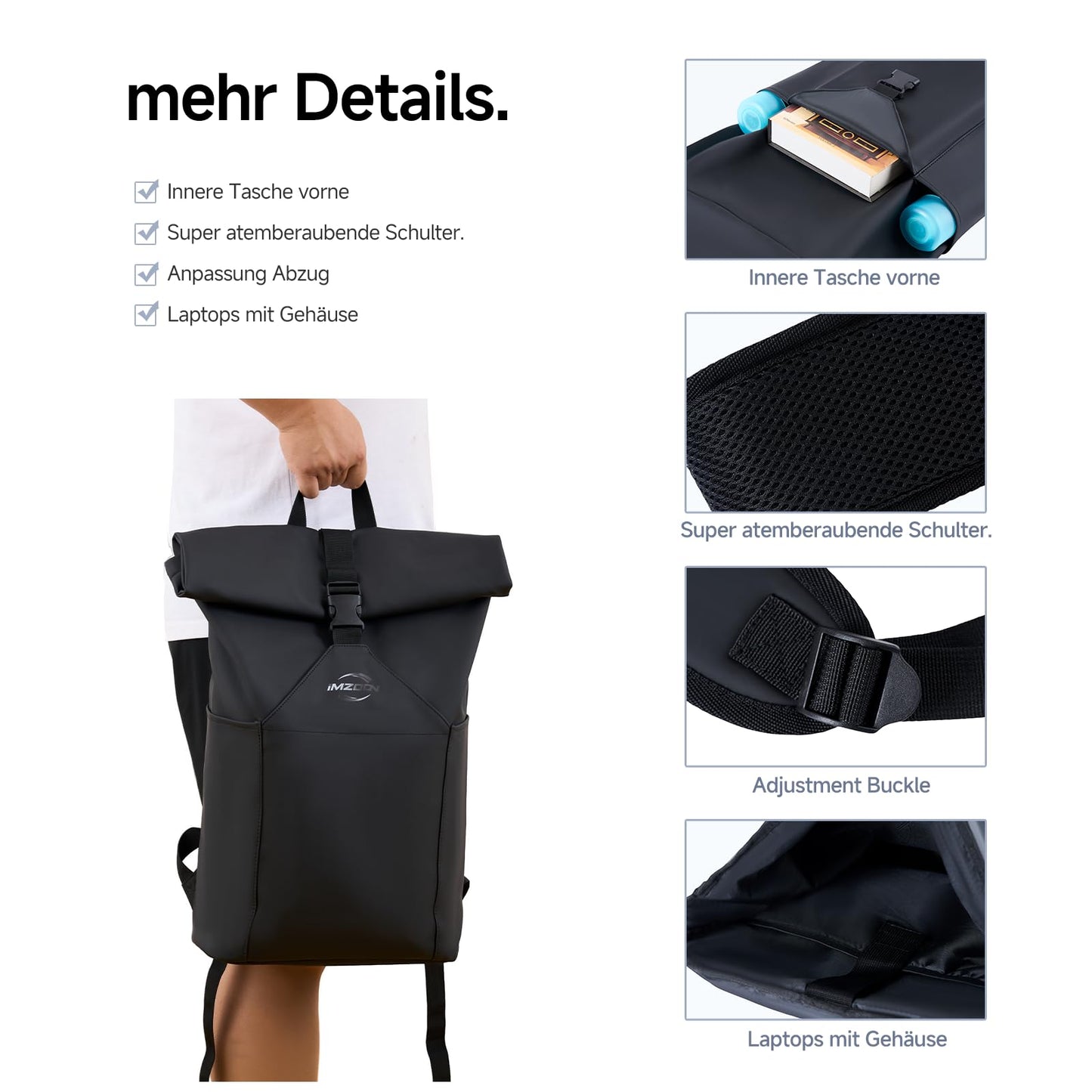 iMZOON Rolltop Backpack for Men Women, Lightweight,PU Waterproof Bag Laptop Backpack Fits 16 inch Laptop Large Capacity Adjustable 23L for Travel Sports Work University Camping School Season,Black