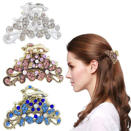 GeoGeoDIY 3 Pcs Vintage Rhinestone Hair Clip Alloy Fancy Hair Barrette with Decorative Flowers, Non Slip Design for Women Thick Hair, 3 Colors