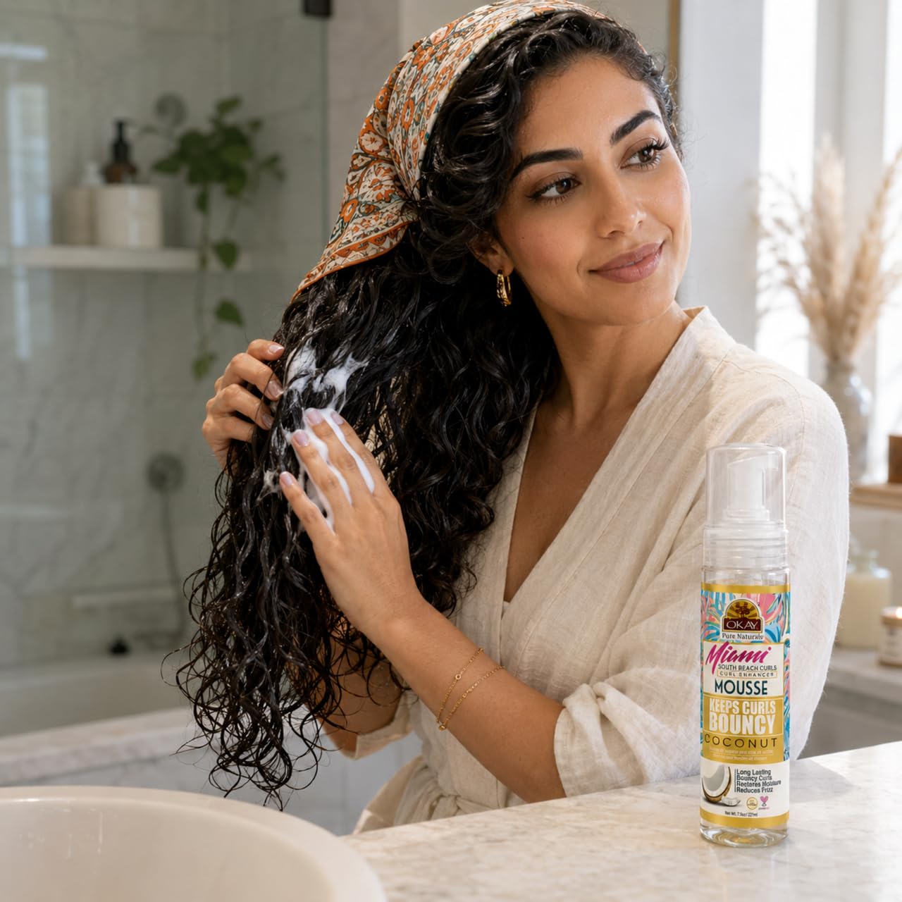 OKAY Miami South Beach Curls Curl Enhancer Mousse 7.5 oz - Lightweight Curl Defining Hair Styling Foam with Coconut Oil & Aloe Vera for Frizz Control