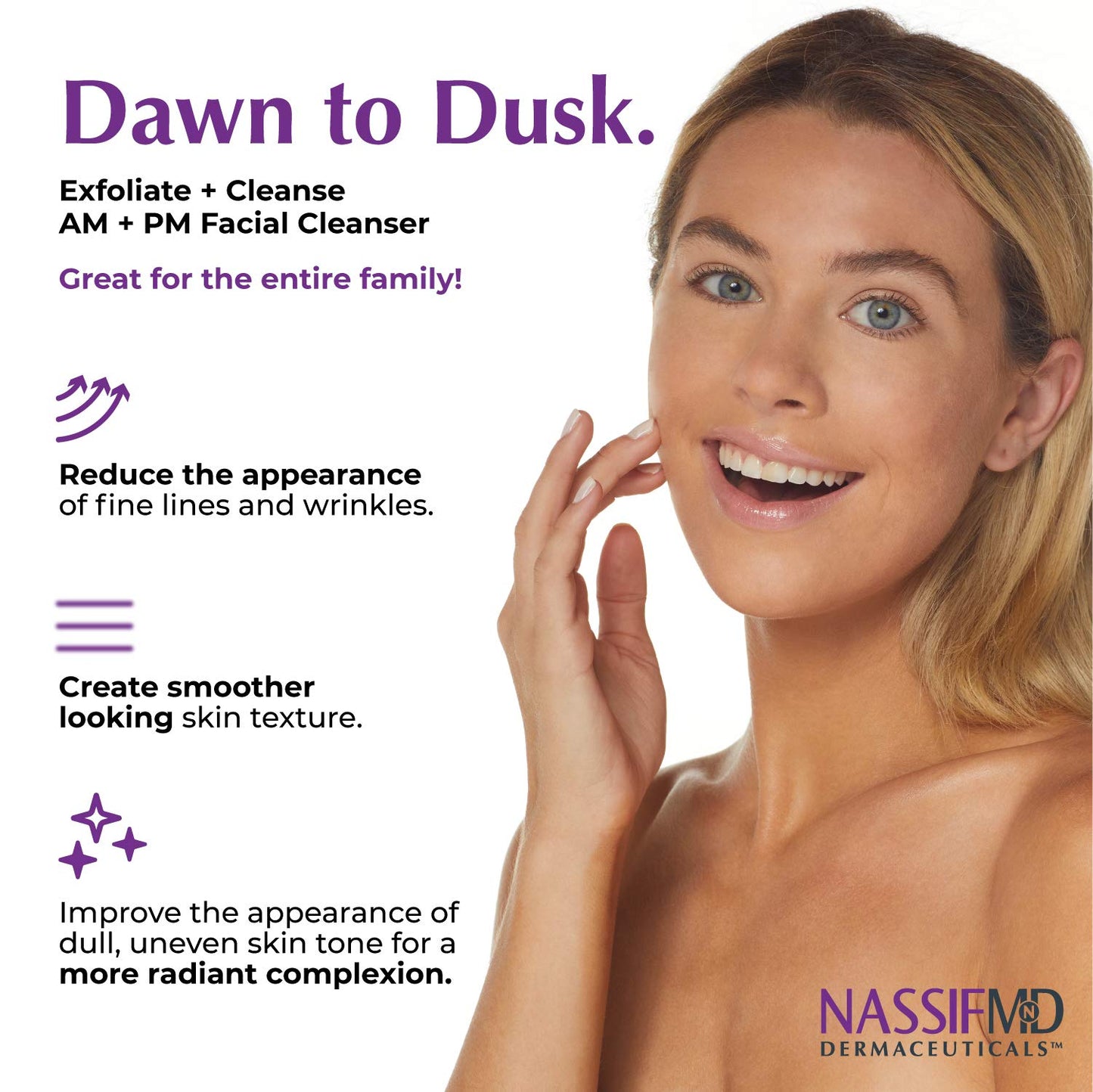 NassifMD Dawn to Dusk Foaming Facial Cleanser Vegan Cleanser Face Wash for Women, Gentle and Hydrating Cream Wash for Dry or Oily Skin, Hydrating