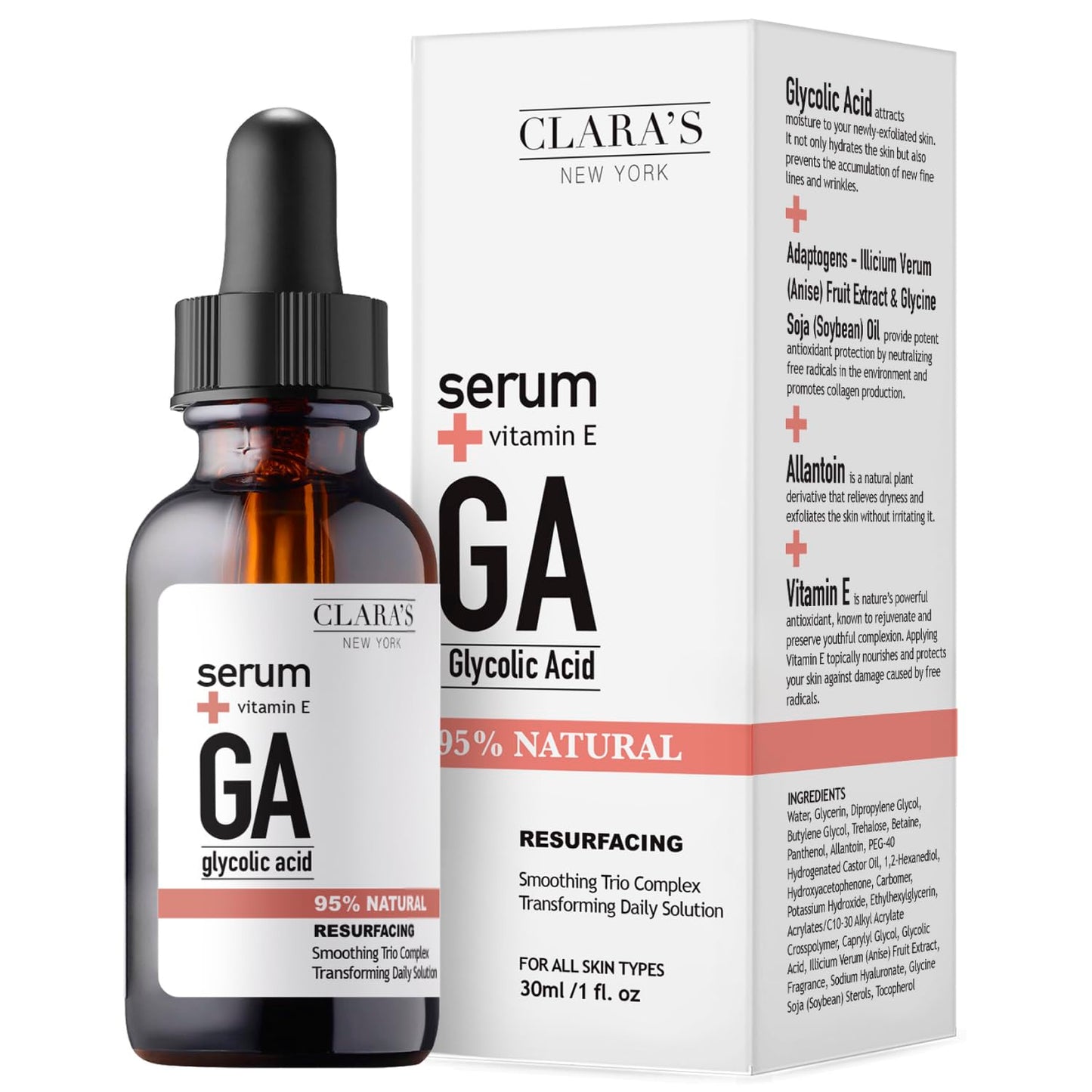 CLARA'S NEW YORK Glycolic Acid Facial Serum with Vitamin E for Exfoliating Smoothing Glowing Face Skin - Made in USA 30ml (1Fl/Oz) (Glycolic Acid)