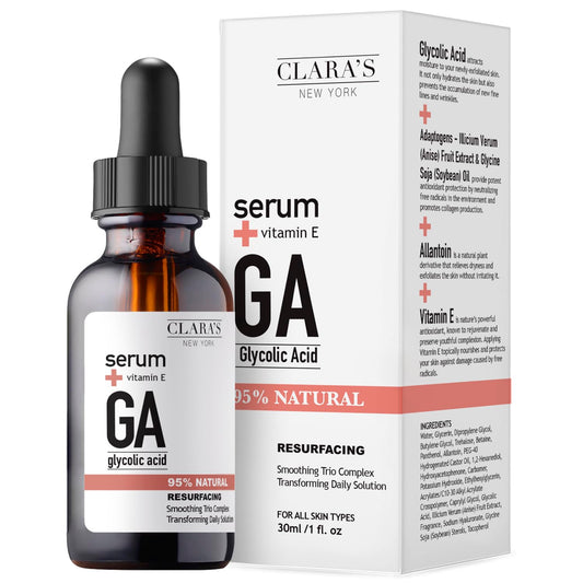 CLARA'S NEW YORK Glycolic Acid Facial Serum with Vitamin E for Exfoliating Smoothing Glowing Face Skin - Made in USA 30ml (1Fl/Oz) (Glycolic Acid)