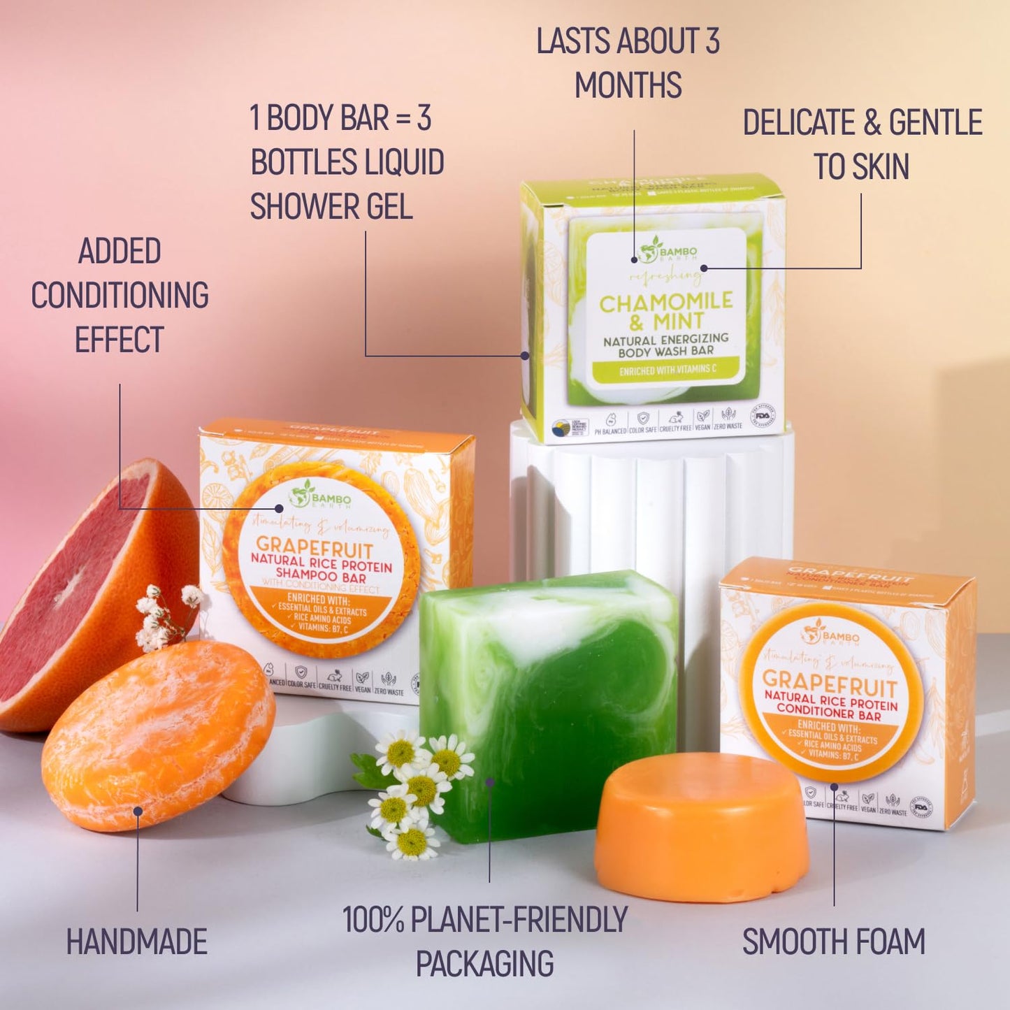 Solid Rice Protein Shampoo, Conditioner and Body Wash Bundle | Shampoo, Conditioner & Wash Bars For Hair and Body w/All Natural Essential Oils & Zero