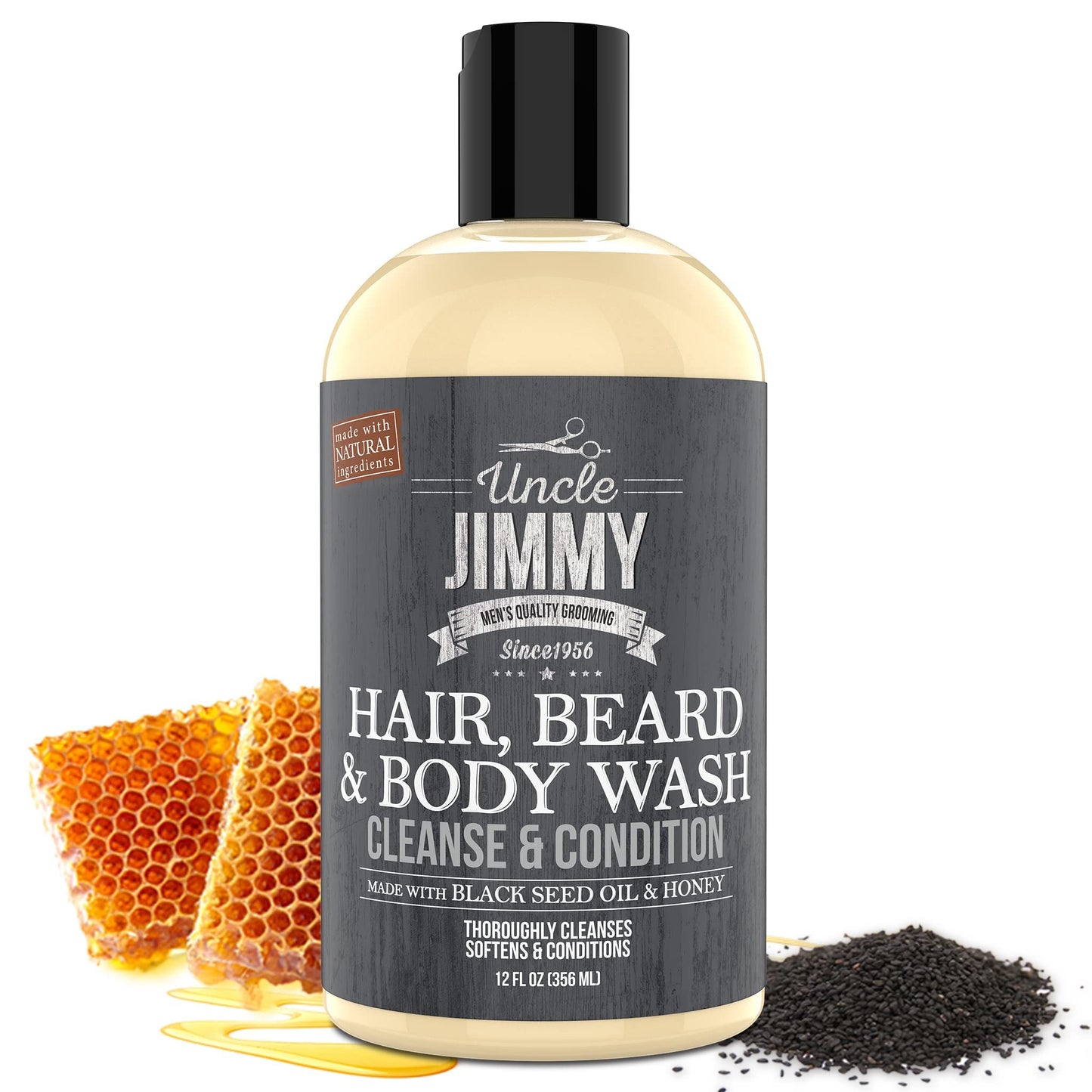 Uncle Jimmy Hair, Beard & Body Men's Wash | Sulfate Free, Paraben Free, with Naturally Derived Clean Ingredients Leaving Skin Soft and Hydrating 12 Fl