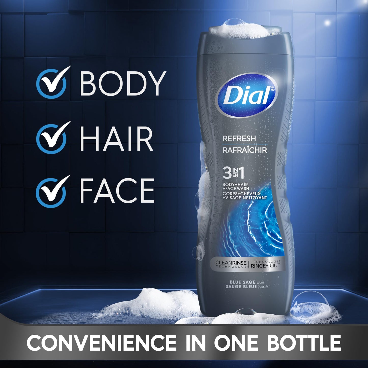 Dial Men 3 in 1 Body, Hair and Face Wash, Refresh, 16 Fl Oz (Pack of 4), Blue Sage Scent, Cleanses Deep + Gentle on Skin with Clean Rinse Technology