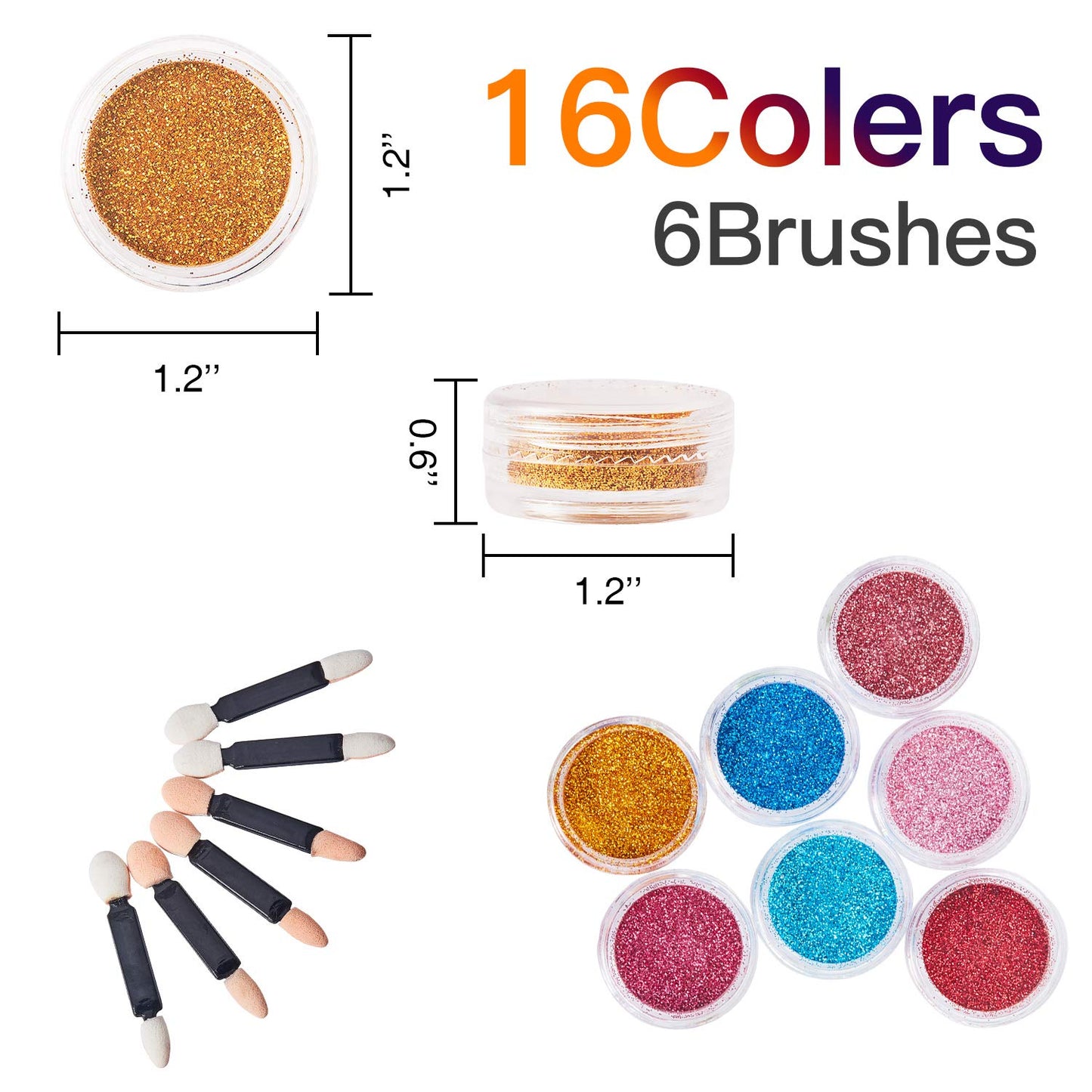 16 Colors Fine Glitter Holographic Nail Glitter Sequins Cosmetic Festival Powder with 6 Small Brushes for Arts and Craft Eyeshadow, Makeup, Nail Body