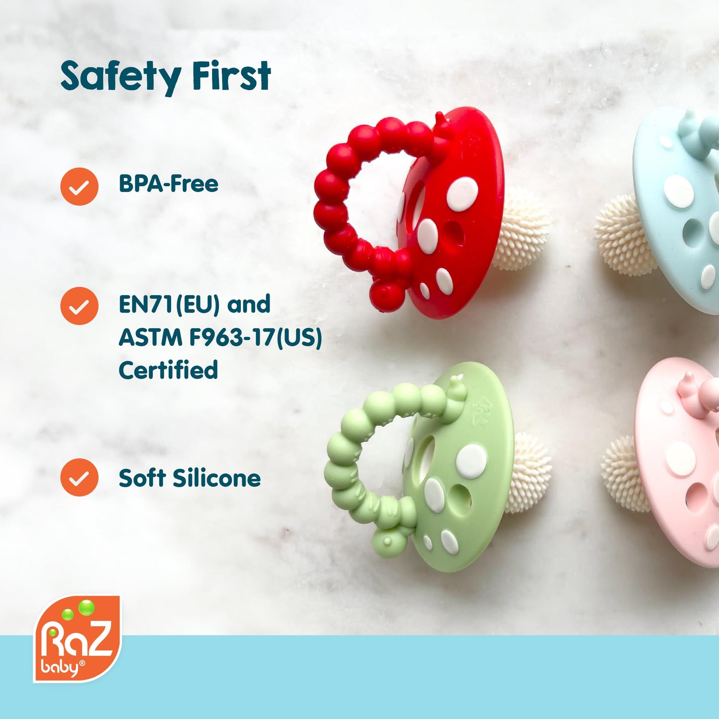RaZbaby Chompy Teether – Soft Silicone Baby Teething Toy 3M+, BPA-Free, Easy to Hold, Soothing Bristles, Sensory Aid – Red/Blue