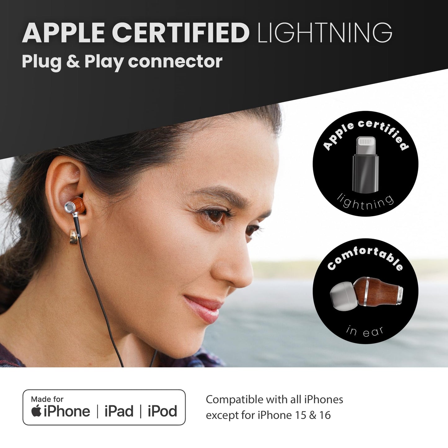 Symphonized iPhone Earphones Wired Deep Bass Sound, 3D Sound, Microphone Volume Control, 90% Noise Cancelling, Bubinga Wooden with Lightning (Apple