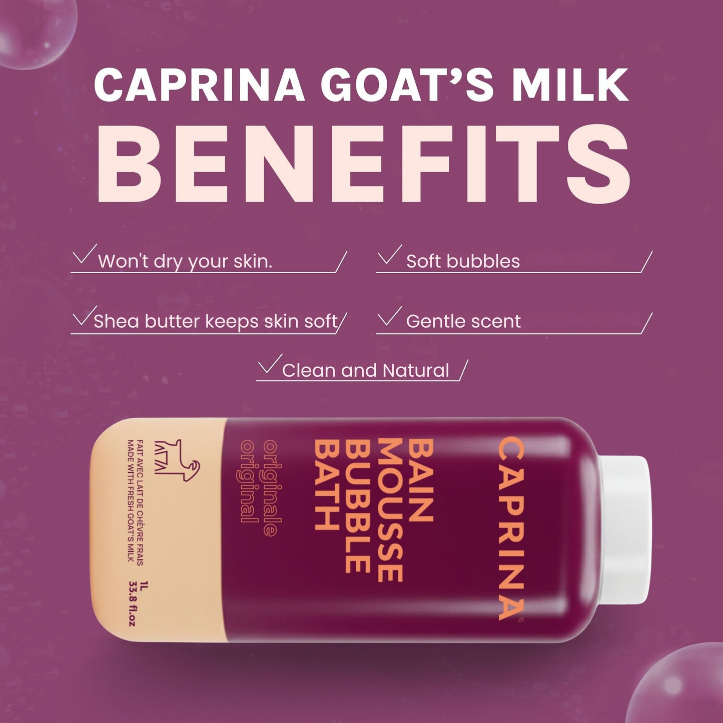 Caprina Legendary Bubble Bath, 1 L (33.8 fl oz), Now 25% More, Original, Classic Goat Milk Soak Beauty and Personal Care Caprina