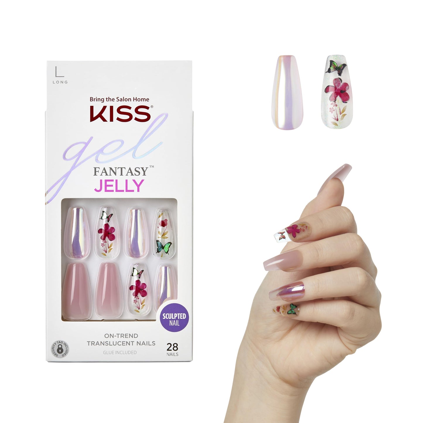 KISS Gel Fantasy Press On Nails, Nail glue included, 'Jelly Cookie', Pink, Long Size, Coffin Shape, Includes 28 Nails, 2g glue, 1 Manicure Stick, 1 Beauty & Personal Care KISS