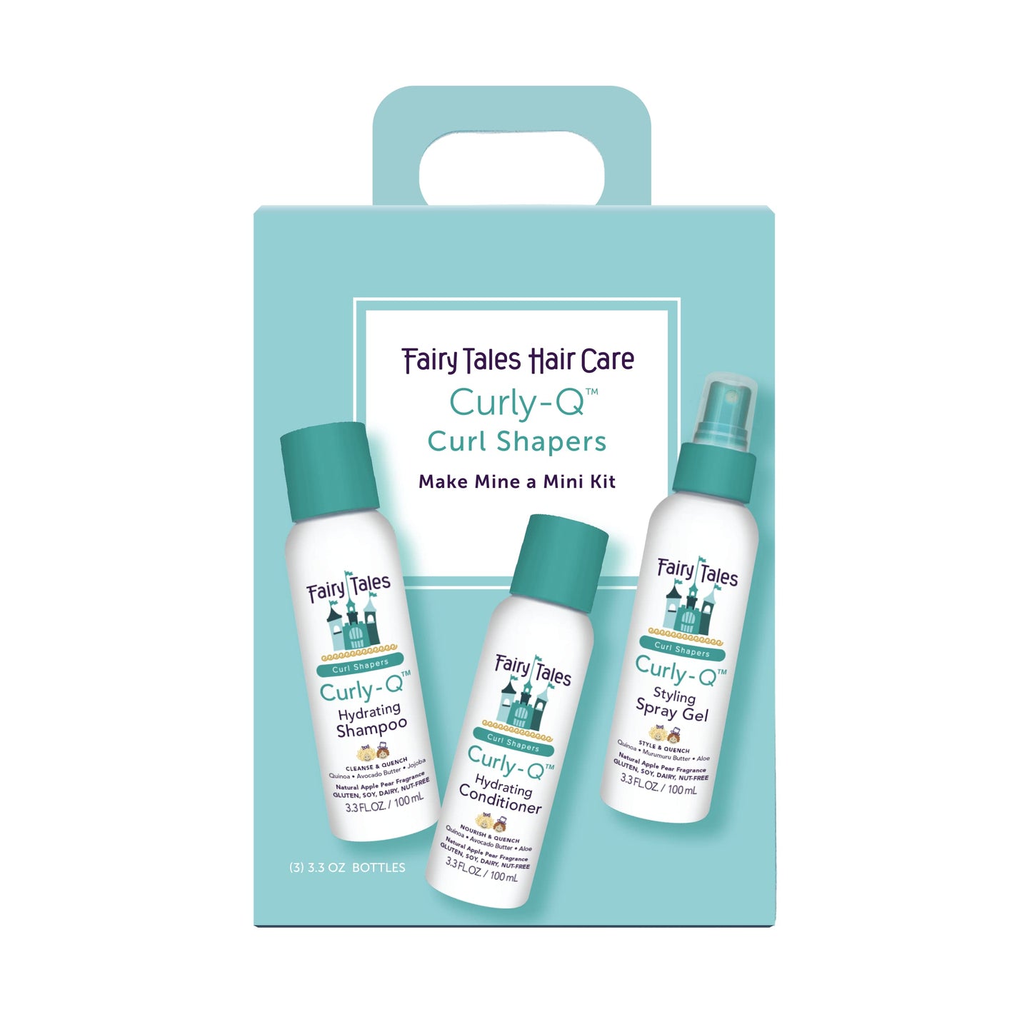 Fairy Tales Curly Q Hydrating Kids Shampoo, Conditioner, and Styling Spray Gel -Travel Kit- Paraben, Sulfate, Gluten, and Nut Free - For All Curl