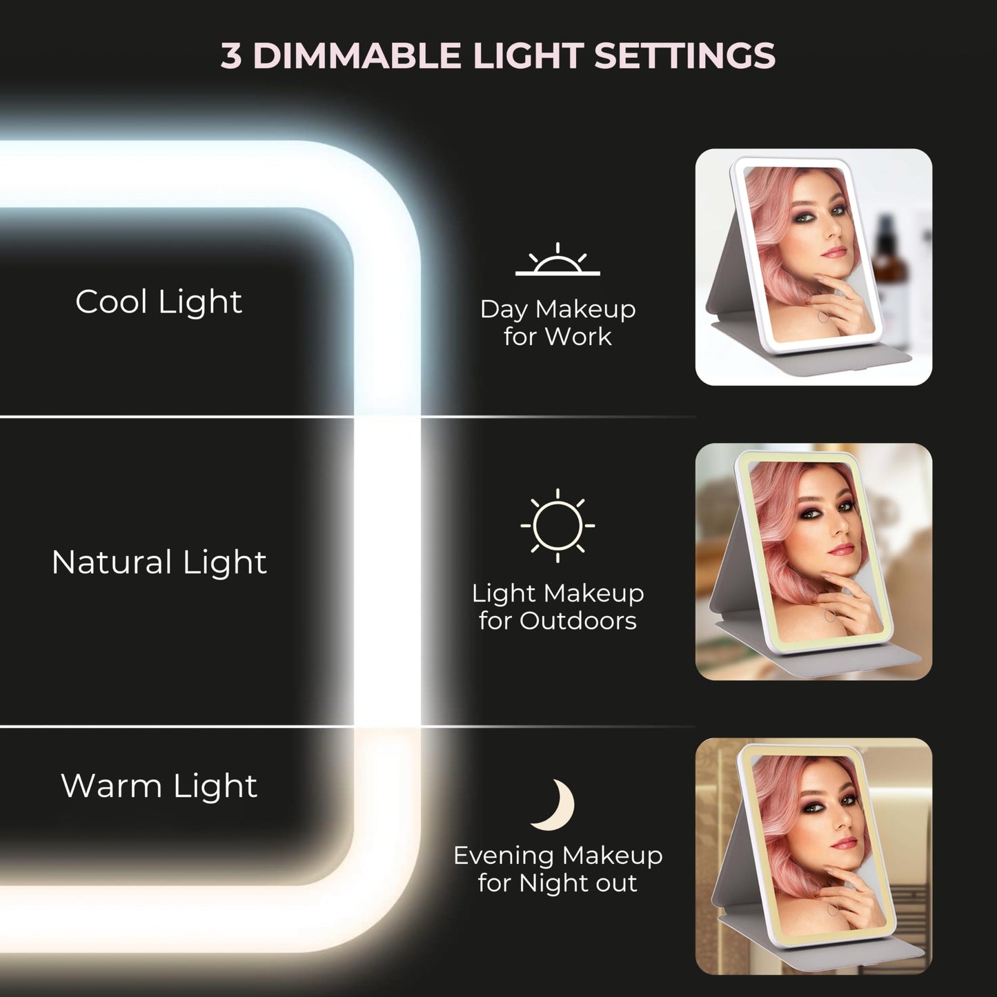 ZEVGANI Travel Lighted Makeup Mirror, 3-Color Dimmable LED Lighting, USB Rechargeable Light up Portable Tabletop Folding Vanity Cosmetic Mirror