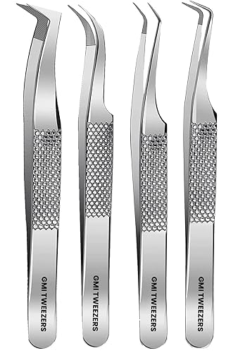 GMI Lash Tweezers - Pack of 4 Stainless Steel Fiber Tip Eyelash Extension Tweezers
