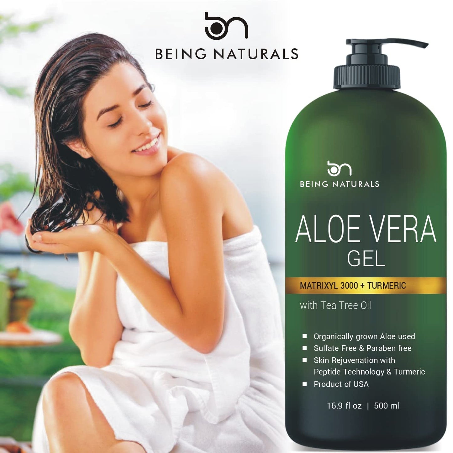 Aloe vera Gel - from 100% Pure Organic Aloe Infused with Matrixyl 3000 (Peptides), Turmeric - Natural Raw Moisturizer for Face, Body, Hair. Perfect