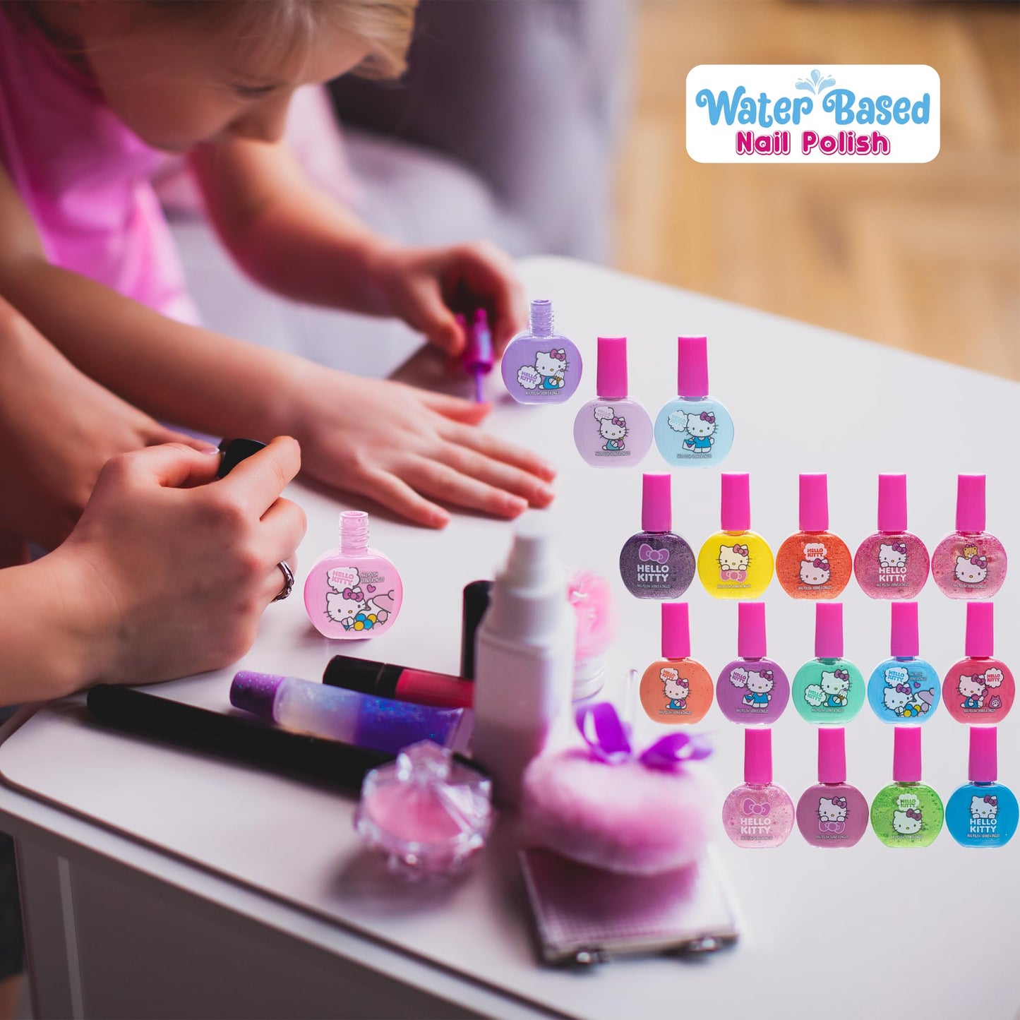Hello Kitty Non-Toxic Water-Based Peel-Off Nail Polish Set with Glittery, Shimmery & Opaque Colors for Girl Kids Ages 3+, Perfect for Parties