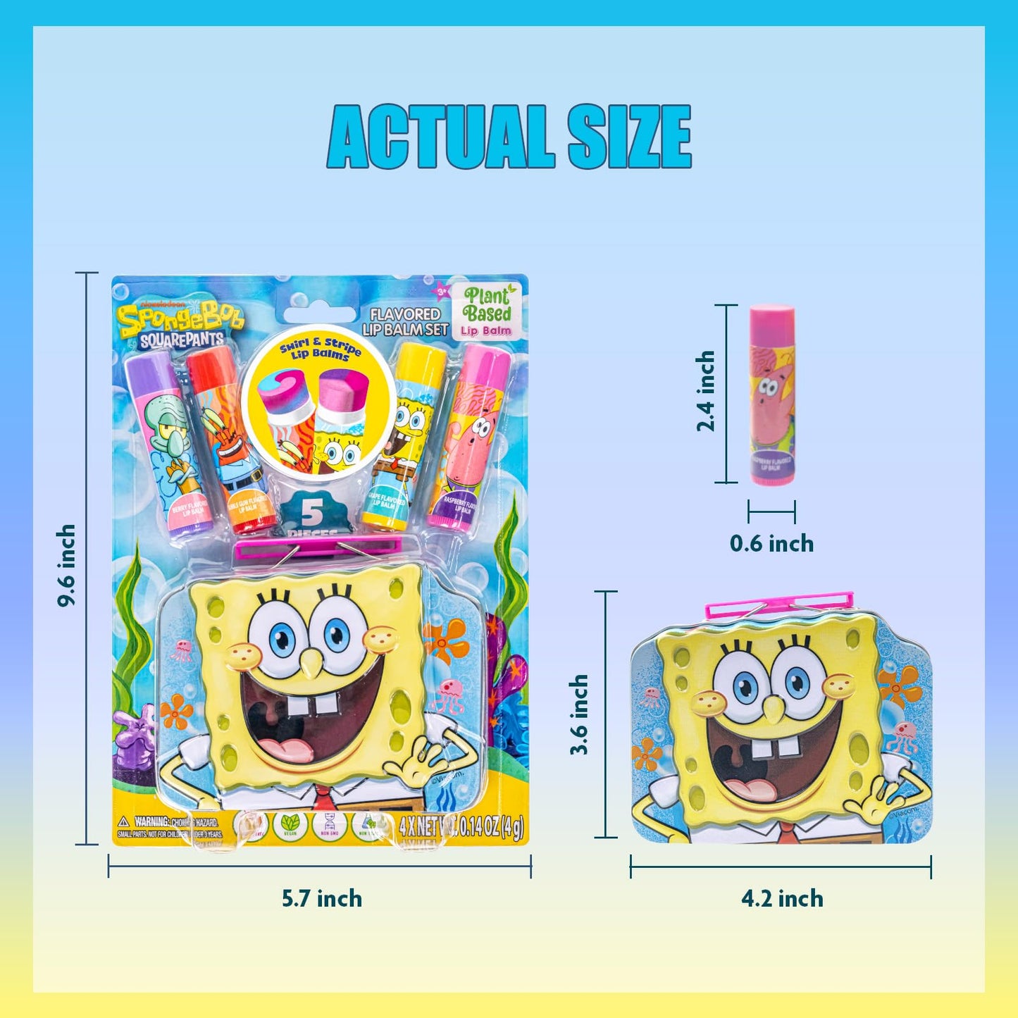 Spongebob Squarepants 4PK Plant-Based, Fruity Scented Lip Balm, & 1 Tin, Colorful Hydrating Mosturizor Swirl Lip Balm Set for Kids, by Townley Girl