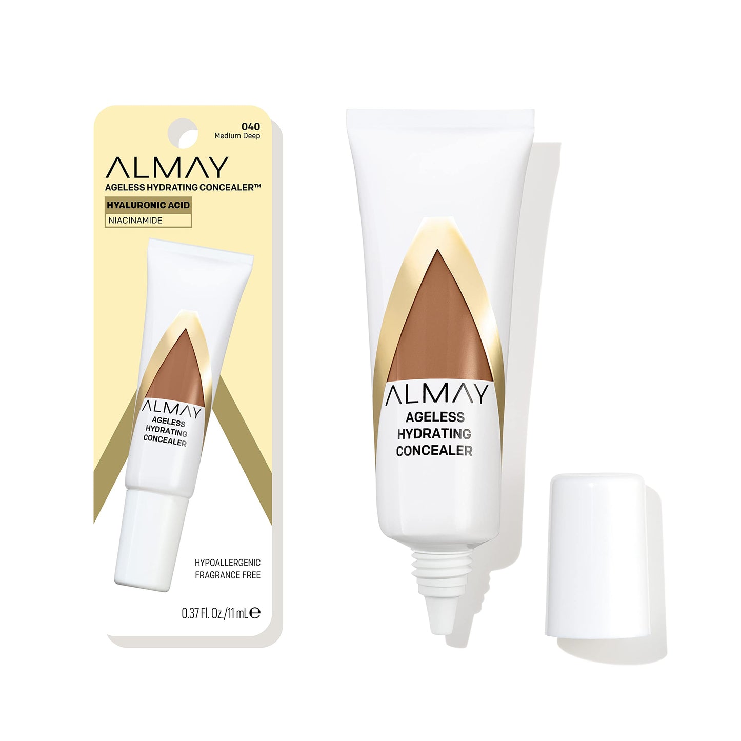 Almay Anti-Aging Concealer, Face Makeup with Hyaluronic Acid, Niacinamide, Vitamin C & E, Hypoallergenic, -Fragrance Free, 040 Medium Deep, 0.37 Fl Oz