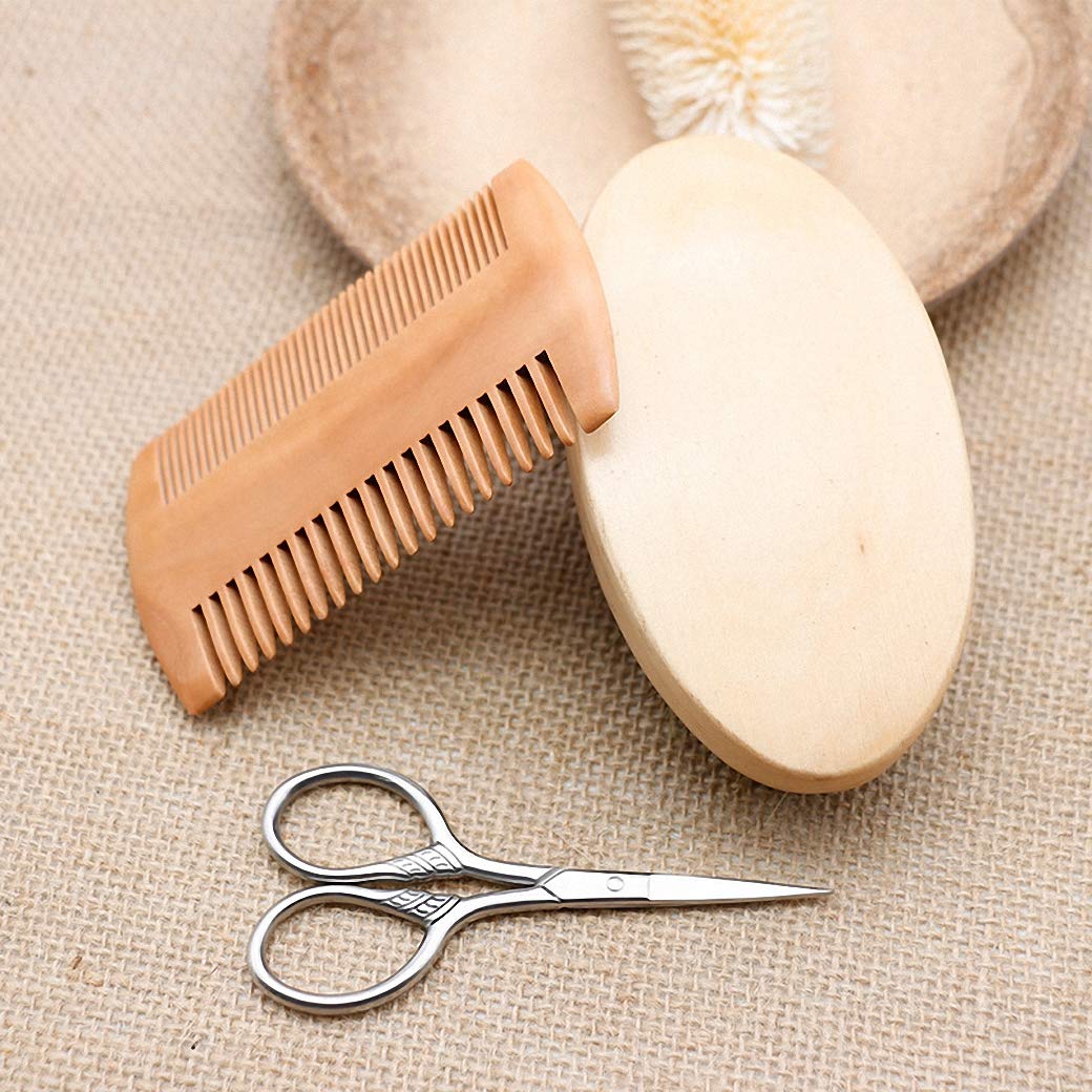 Hair Dough Beard Brush & Comb, Scissors Set for Men, Set Includes Soft Boar Bristle Brush, Bamboo Wide Tooth Comb, and Mustache Trimming Scissors