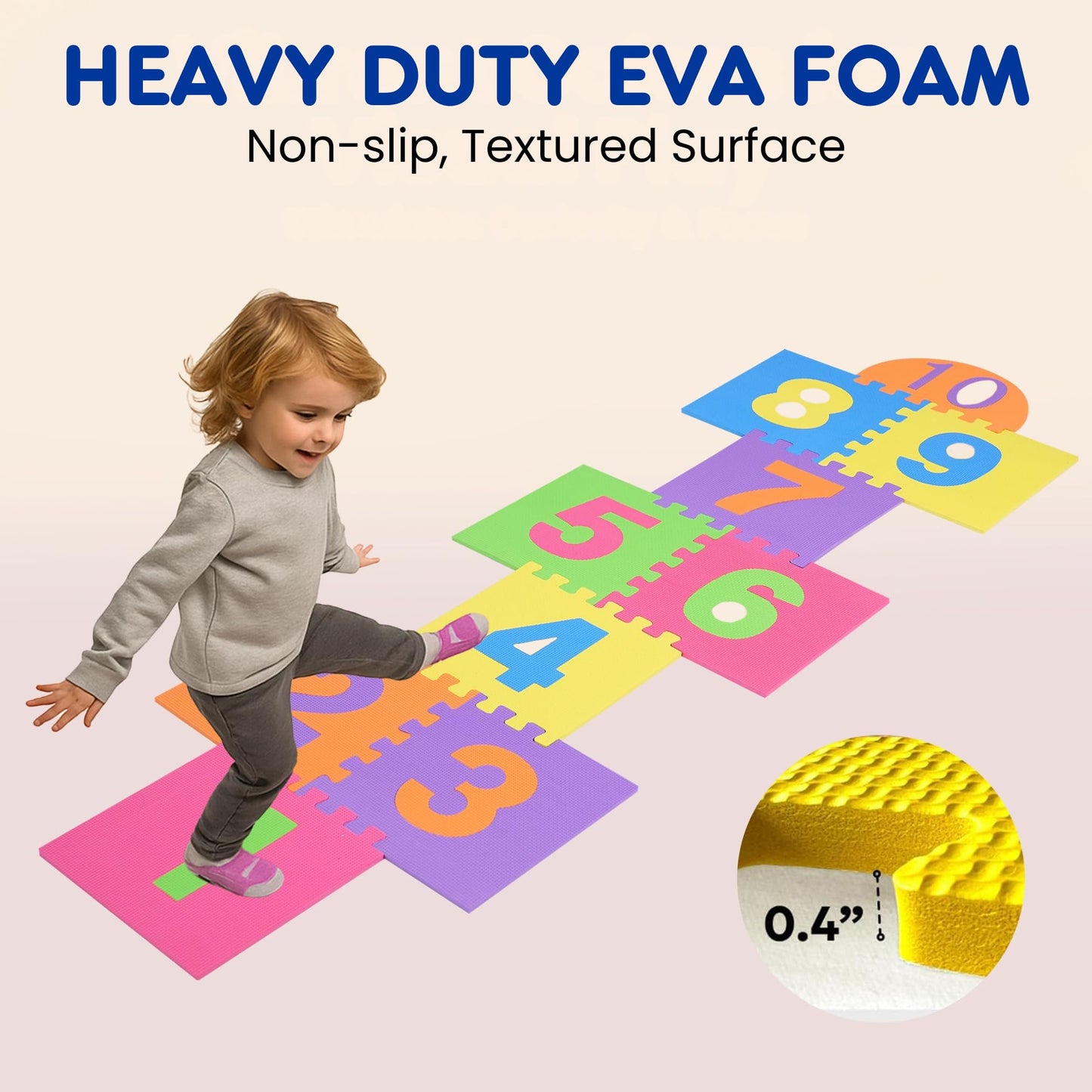 Hopscotch Playmat Foam Interlocking Puzzle Floor Mat - 10 Large Number Tiles (12" by 12" Square Blocks)