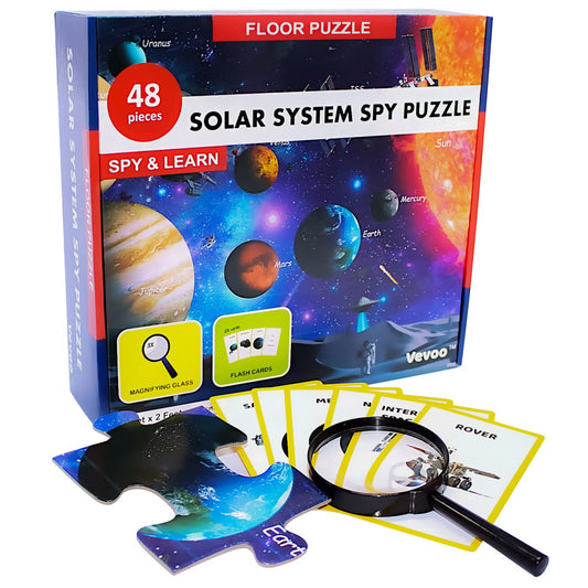 Solar System Spy Puzzle – 48 Piece Space Floor Puzzle with Flashcards & Magnifying Glass, 2ft x 3ft Educational Puzzle for Kids Ages 4-8