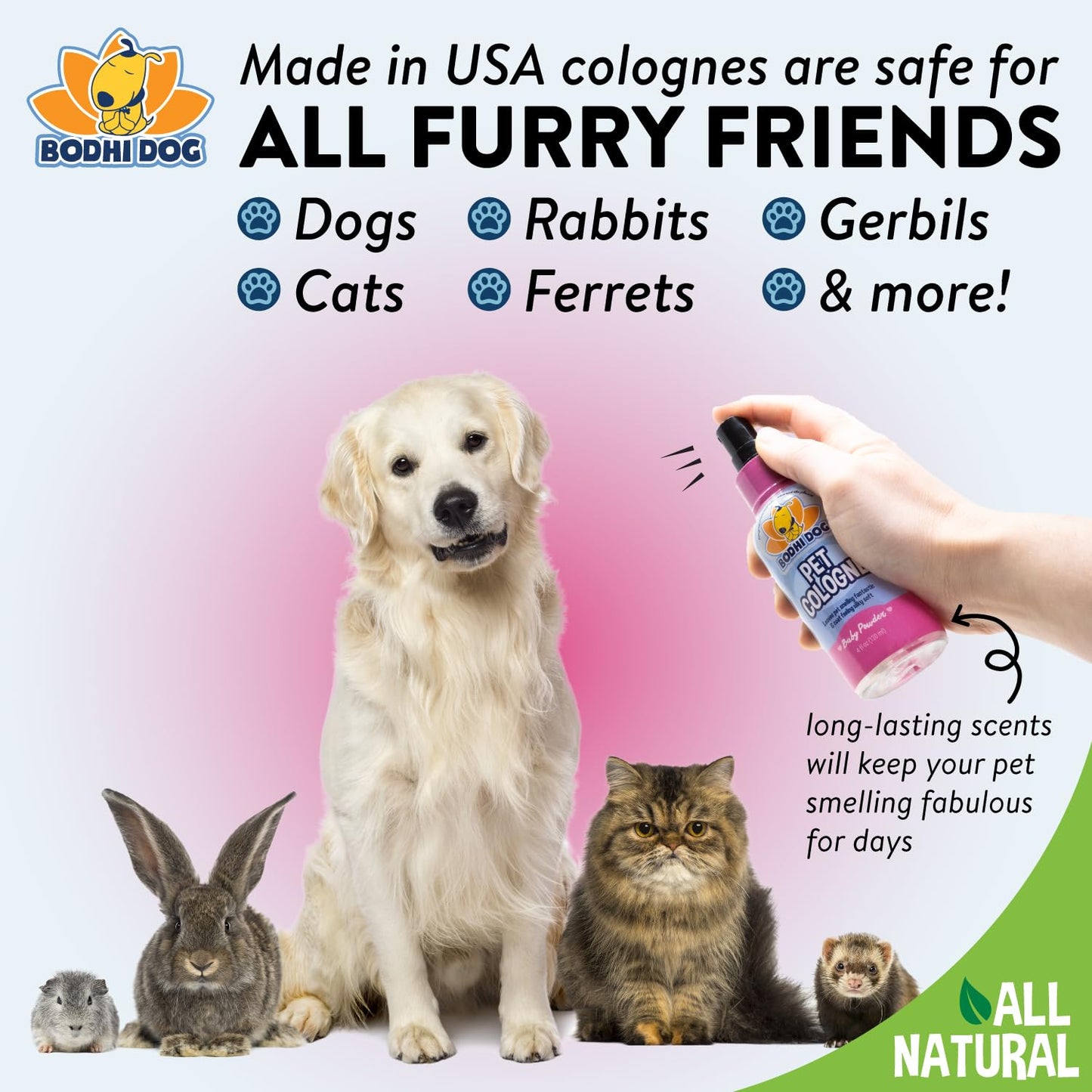 Bodhi Dog Premium Dog Cologne – Baby Powder Scent – 4oz Natural Long-Lasting Deodorizing Spray & Conditioner for Dogs & Cats – Made in USA