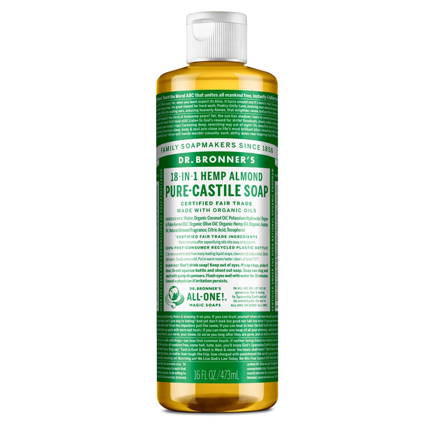 Dr. Bronner's Pure-Castile Magic Soap Liquid (Almond, 16 Ounce) - Made with Regenerative Organic Certified Oils, 18-in-1 Uses: Face, Body, Hair