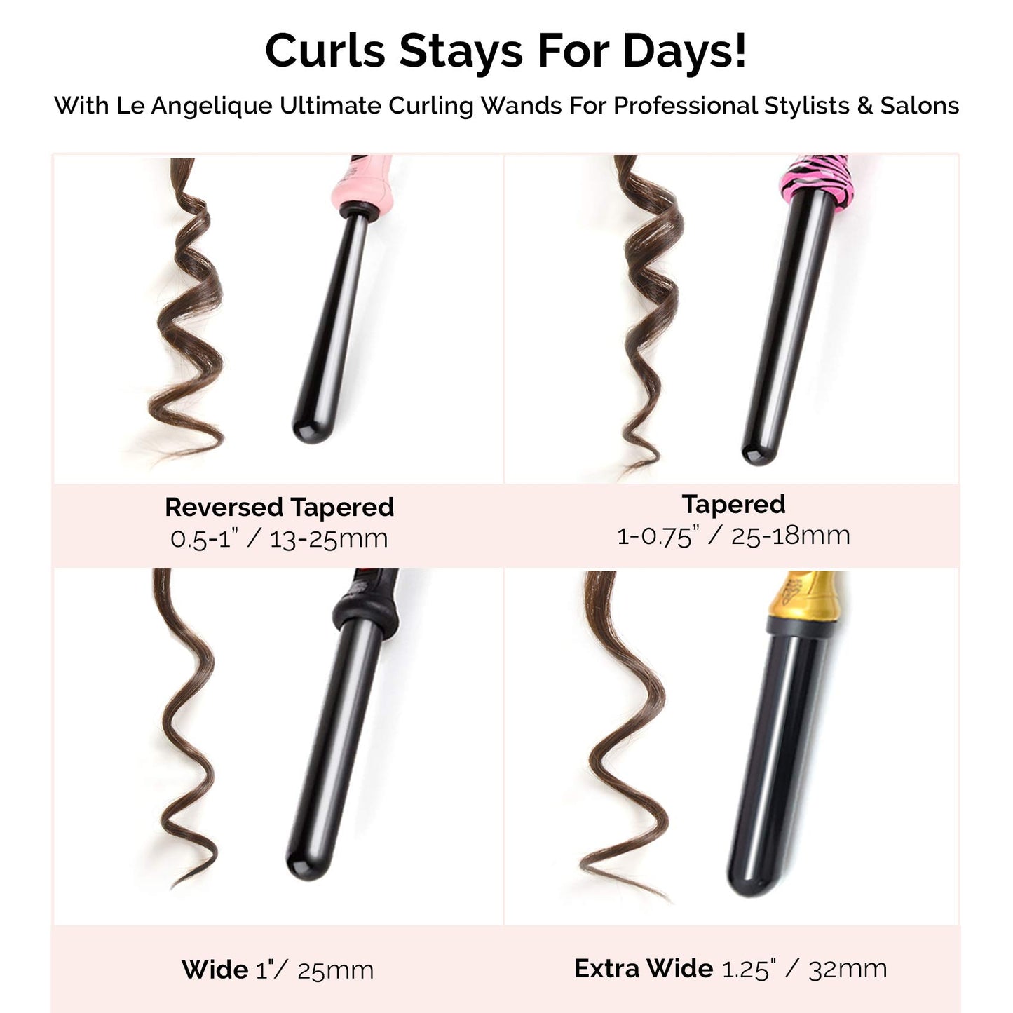 Le Angelique 1 Inch Ceramic Curling Wand for Beach Waves, Short & Long Curls - 25mm Professional Clipless Curler Iron with Glove and 2 Clips | 450F