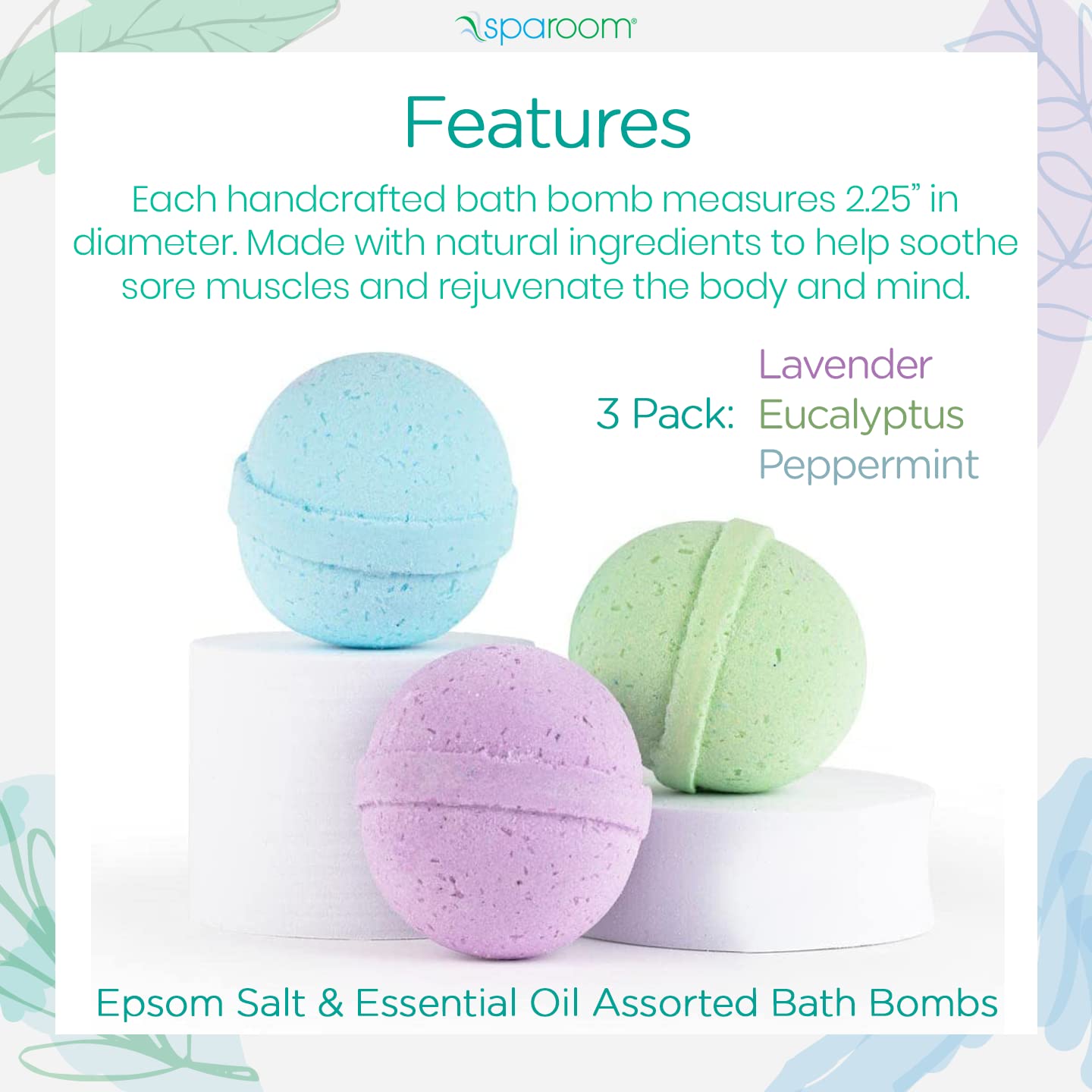 SpaRoom Soothe and Relax Handmade Natural Essential Oil Aromatherapy Bath Bombs, Set of 3, Lavender, Eucalyptus and Peppermint