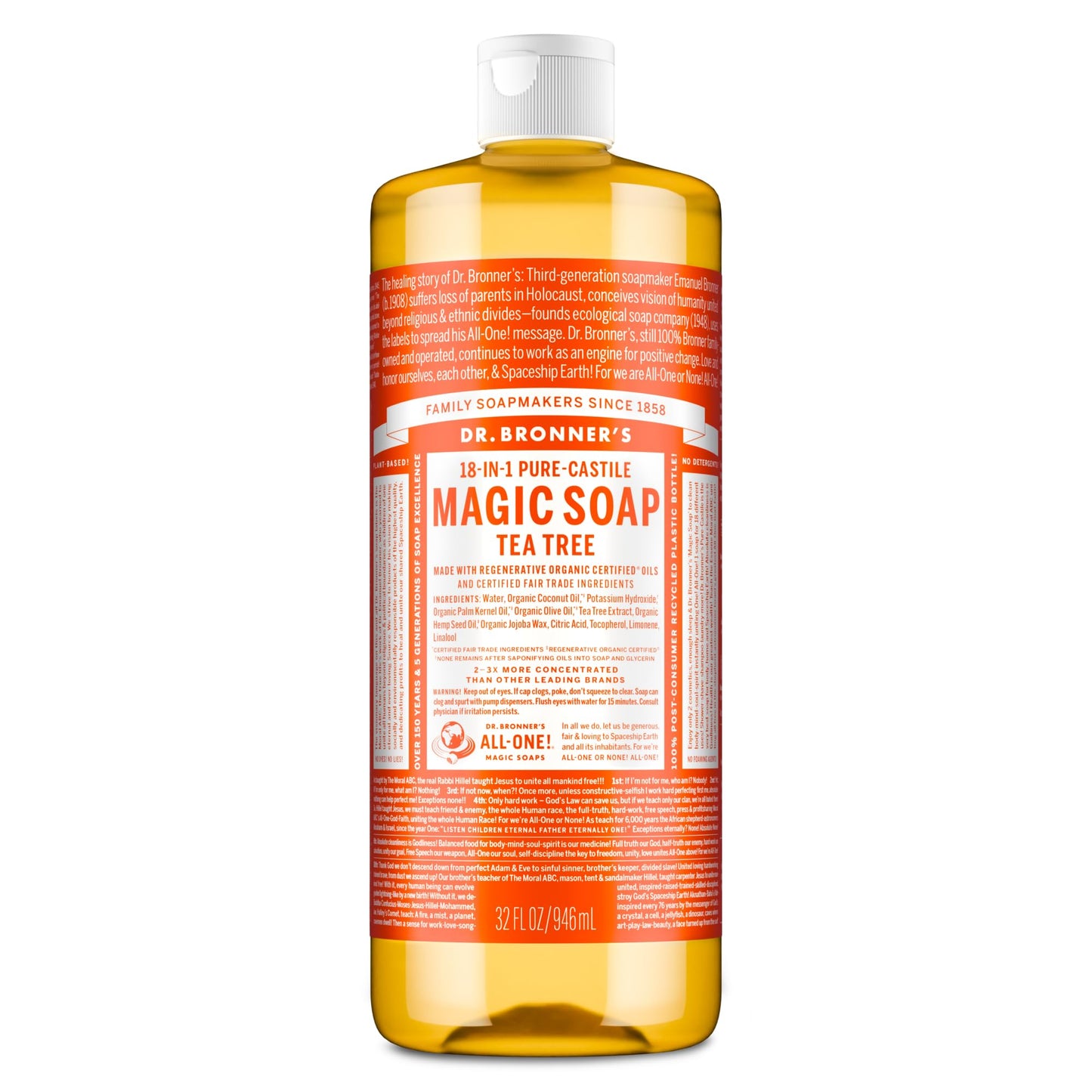 Dr. Bronner’s - Pure-Castile Liquid Soap (Tea Tree, 32 ounce) - Made with Organic Oils, 18-in-1 Uses: Acne-Prone Skin, Dandruff, Laundry, Pets