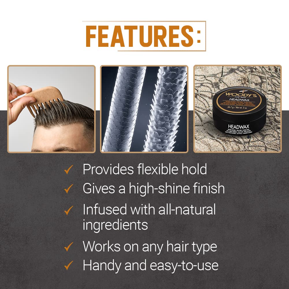 Woody's Headwax Hair Styling Pomade for Men, Natural Beeswax, High Shine, Flexible Hold, Non-Sticky, Moldable Men’S Hair Wax for All Hair Types, 2 Oz