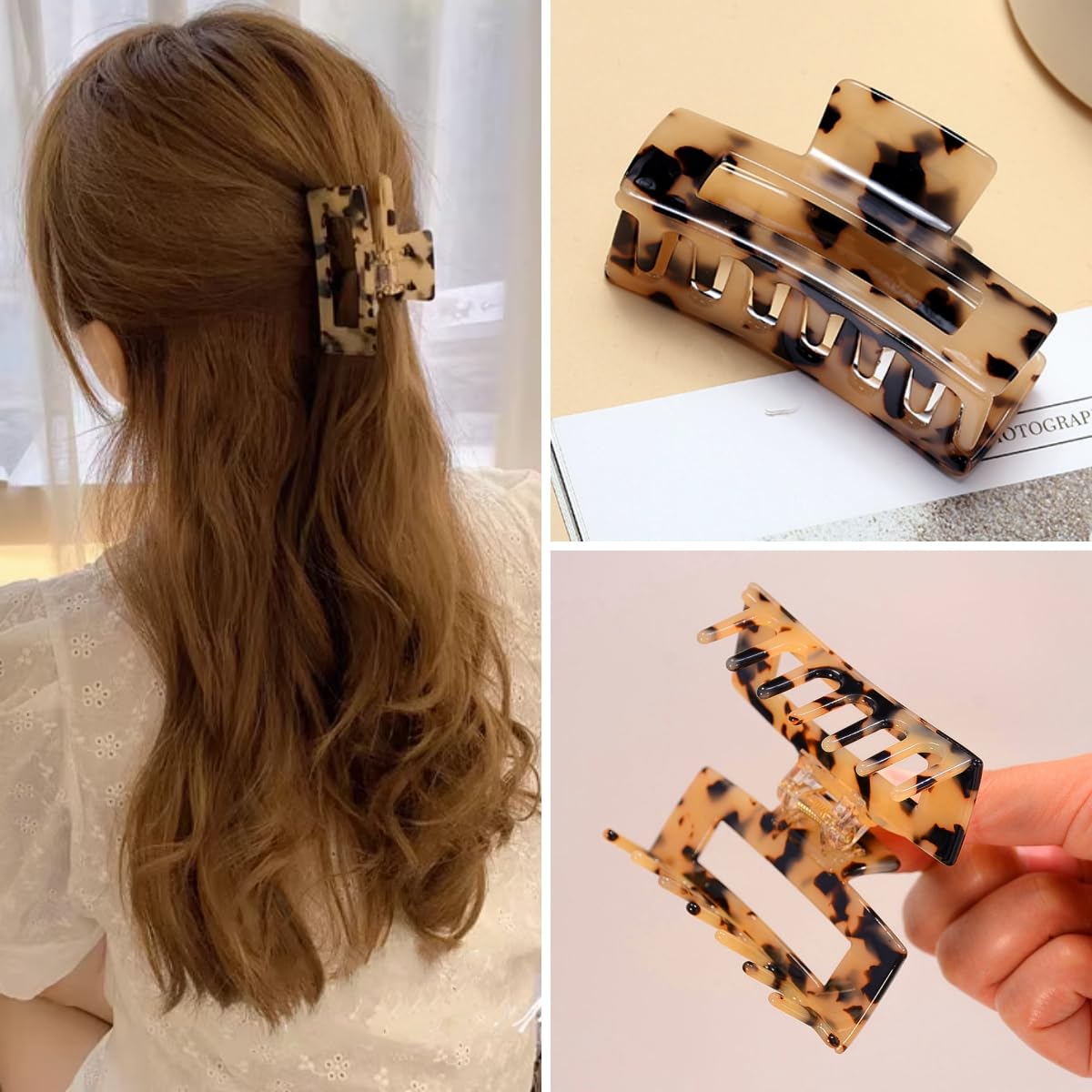3 inch Hair Claw Clips Cutout Tortoise Shell Celluloid Hair Jaw Clips French Design Rectangle Hair Clamp for Women Ladies Mother (2 Pack)