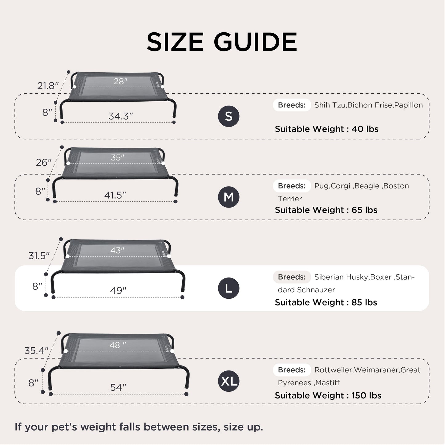 Bedsure Outdoor Elevated Dog Bed, Large Size Portable Raised Cot with Breathable Mesh, Skid-Resistant Feet for Indoor & Outdoor Use, Grey 49"